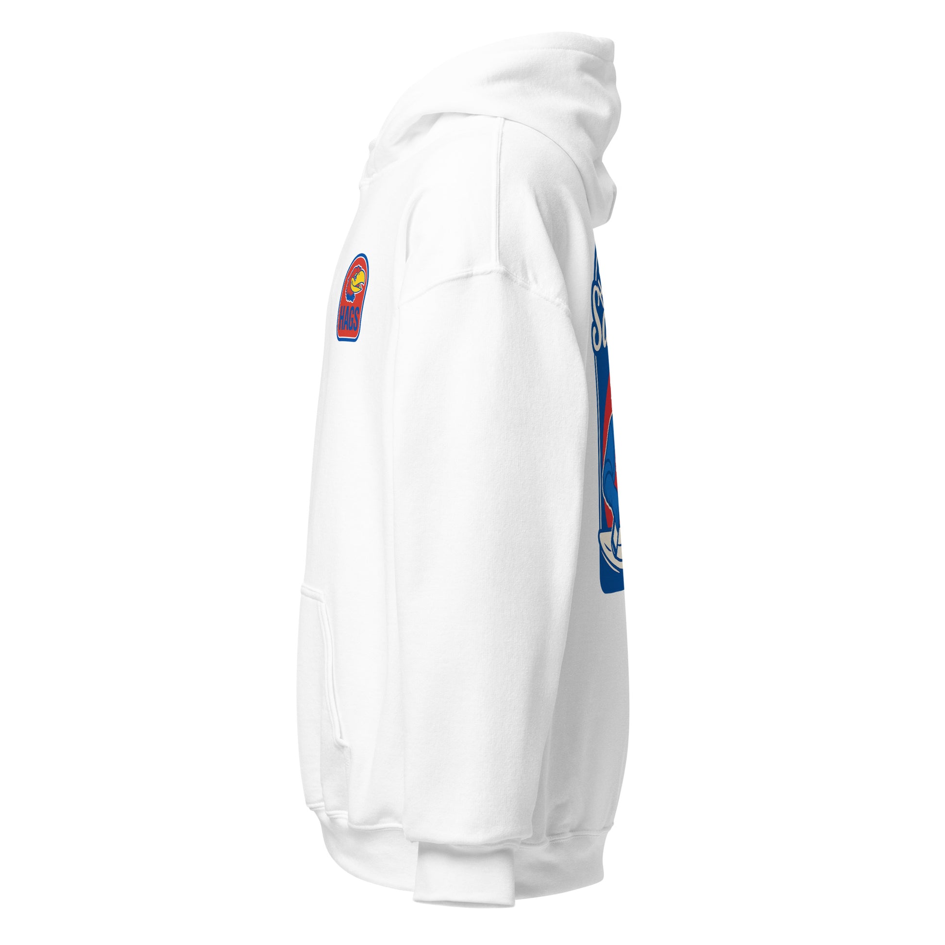 Left-side view of white HAGS Lawrence Kansas bartender hoodie.