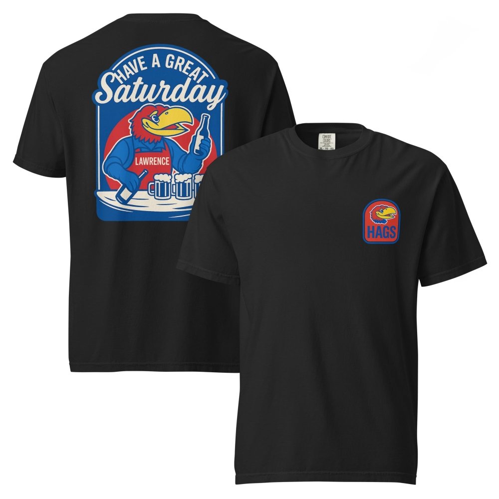 Front and back views of black HAGS Lawrence Kansas bartender T-shirt, showing small bird chest graphic and blue "Have a Great Saturday" bird bartender graphic.