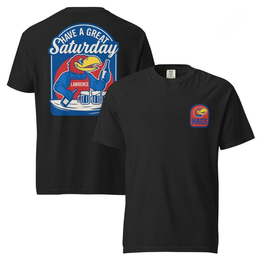 Front and back views of black HAGS Lawrence Kansas bartender T-shirt, showing small bird chest graphic and blue "Have a Great Saturday" bird bartender graphic.