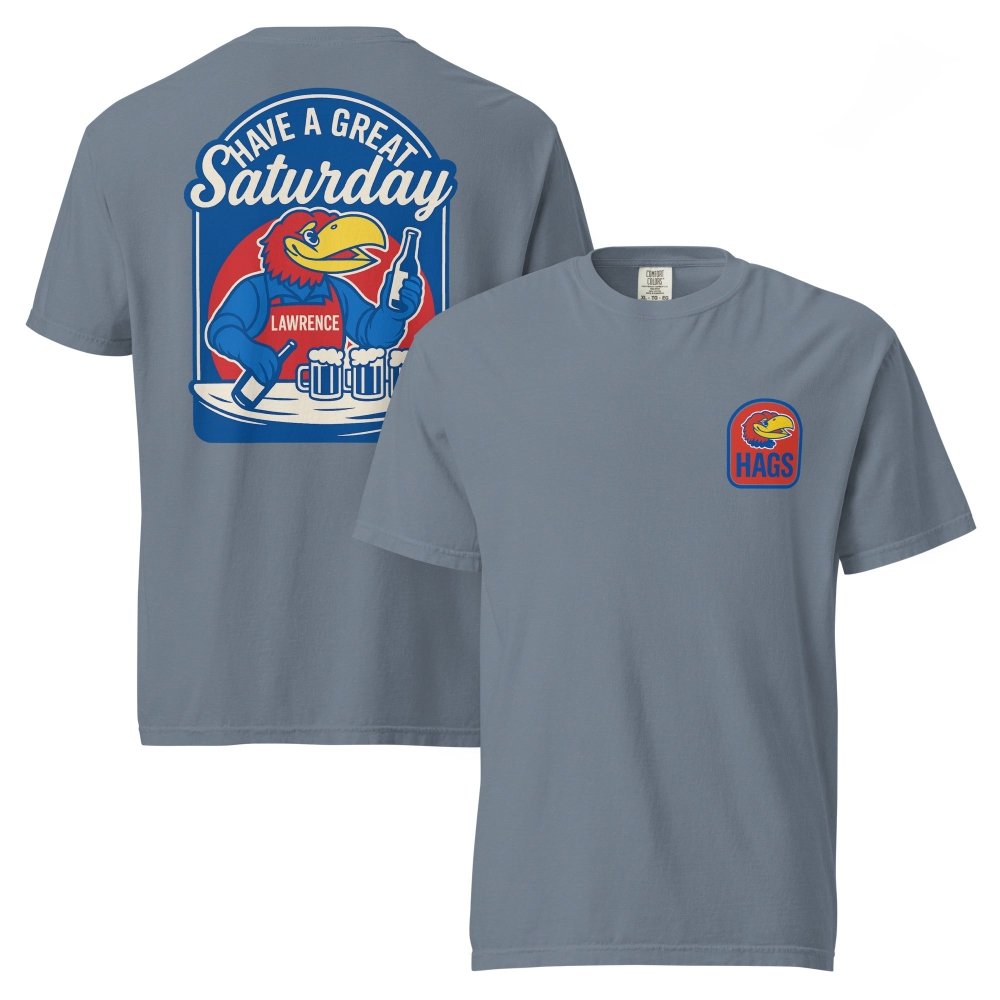 Front and back views of blue gray HAGS Lawrence Kansas bartender T-shirt, showing small bird chest graphic and blue "Have a Great Saturday" bird bartender graphic.