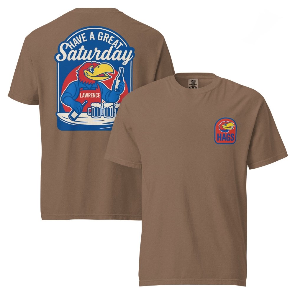 Front and back views of brown HAGS Lawrence Kansas bartender T-shirt, showing small bird chest graphic and blue "Have a Great Saturday" bird bartender graphic.