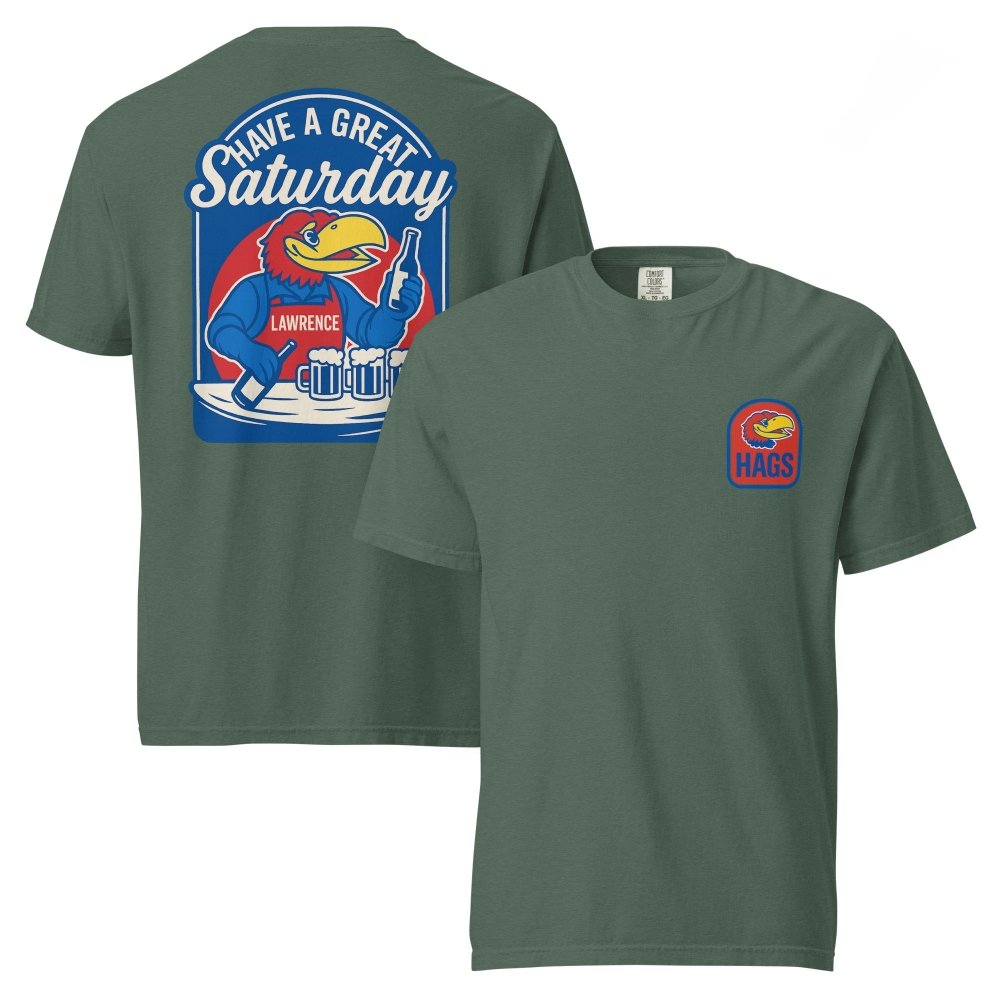 Front and back views of green HAGS Lawrence Kansas bartender T-shirt, showing small bird chest graphic and blue "Have a Great Saturday" bird bartender graphic.