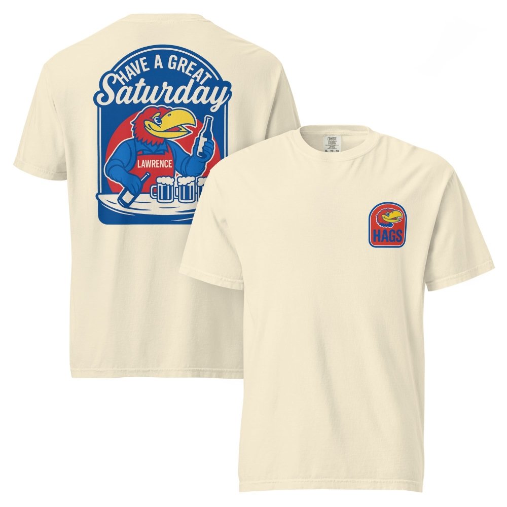 Front and back views of ivory HAGS Lawrence Kansas bartender T-shirt, showing small bird chest graphic and blue "Have a Great Saturday" bird bartender graphic.