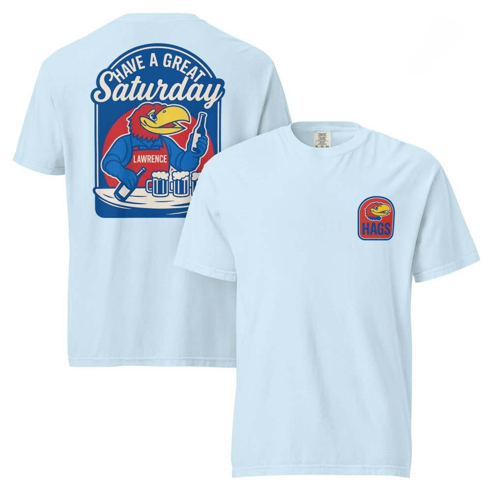 Front and back views of light blue HAGS Lawrence Kansas bartender T-shirt, showing small bird chest graphic and blue "Have a Great Saturday" bird bartender graphic.