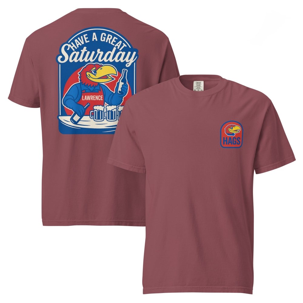 Front and back views of maroon HAGS Lawrence Kansas bartender T-shirt, showing small bird chest graphic and blue "Have a Great Saturday" bird bartender graphic.