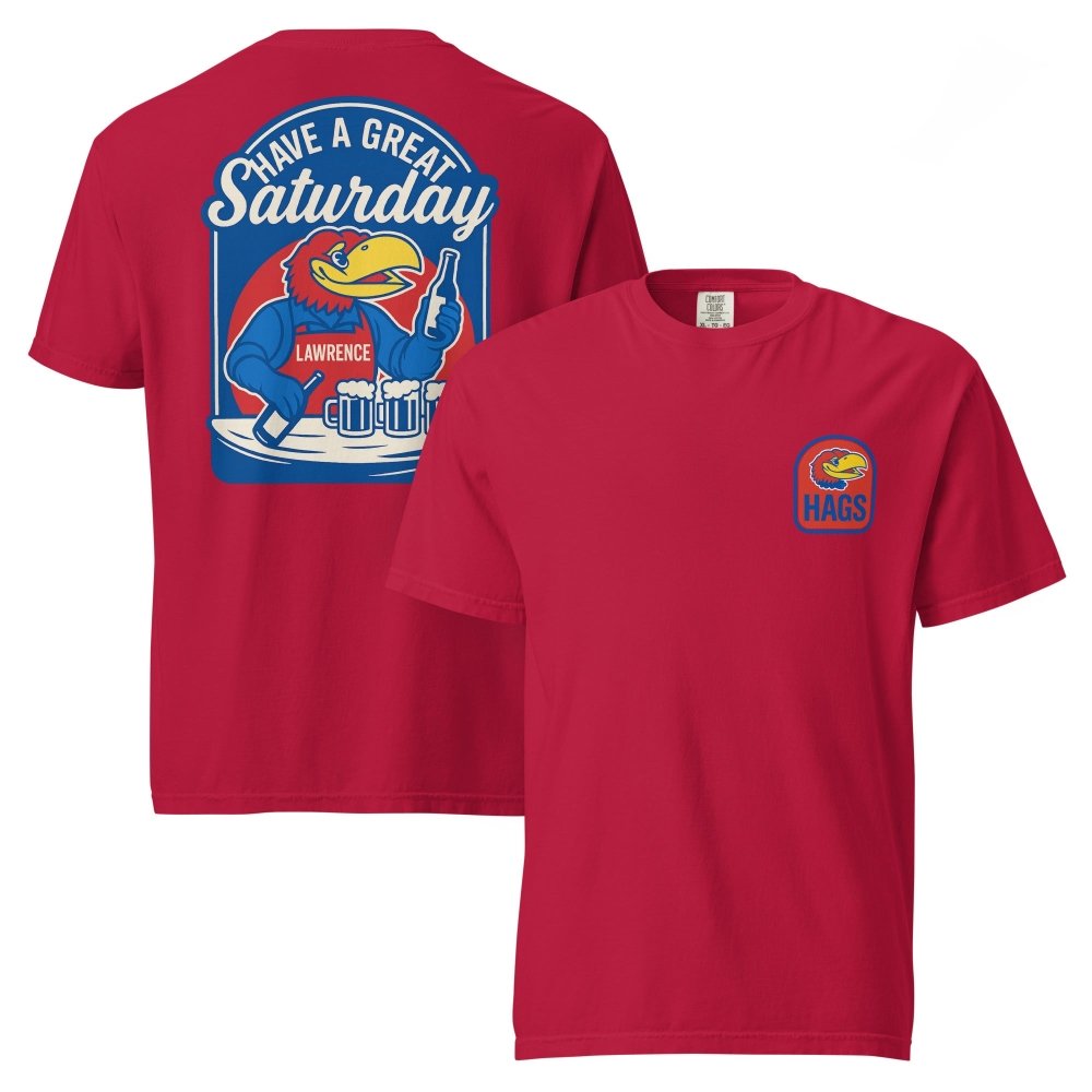 Front and back views of red HAGS Lawrence Kansas bartender T-shirt, showing small bird chest graphic and blue "Have a Great Saturday" bird bartender graphic.