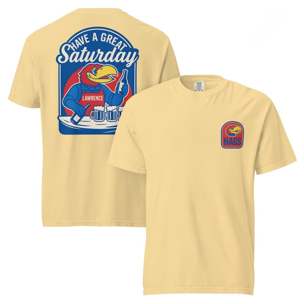 Front and back views of yellow HAGS Lawrence Kansas bartender T-shirt, showing small bird chest graphic and blue "Have a Great Saturday" bird bartender graphic.