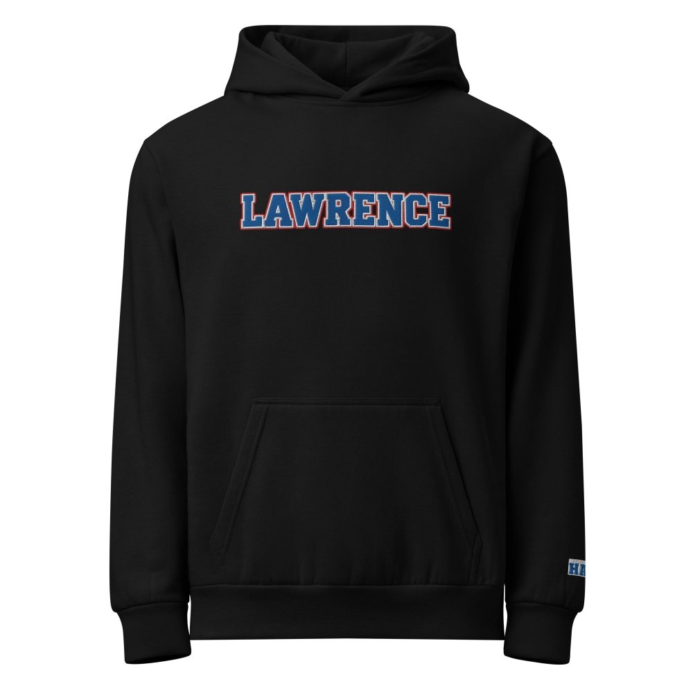 Front view of black HAGS Lawrence Kansas embroidered hoodie, showing blue LAWRENCE chest lettering.