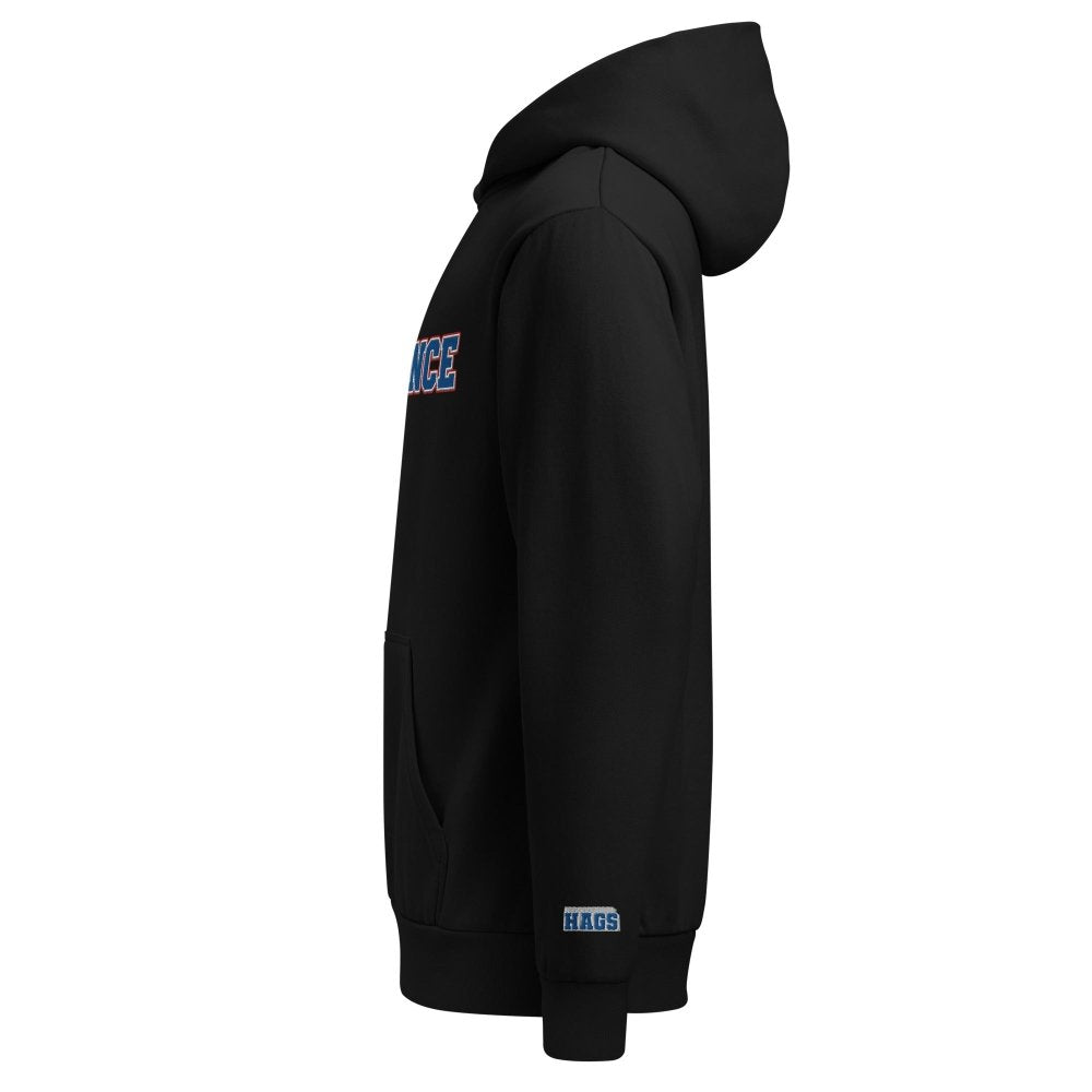 Left-side view of black HAGS Lawrence Kansas embroidered hoodie.