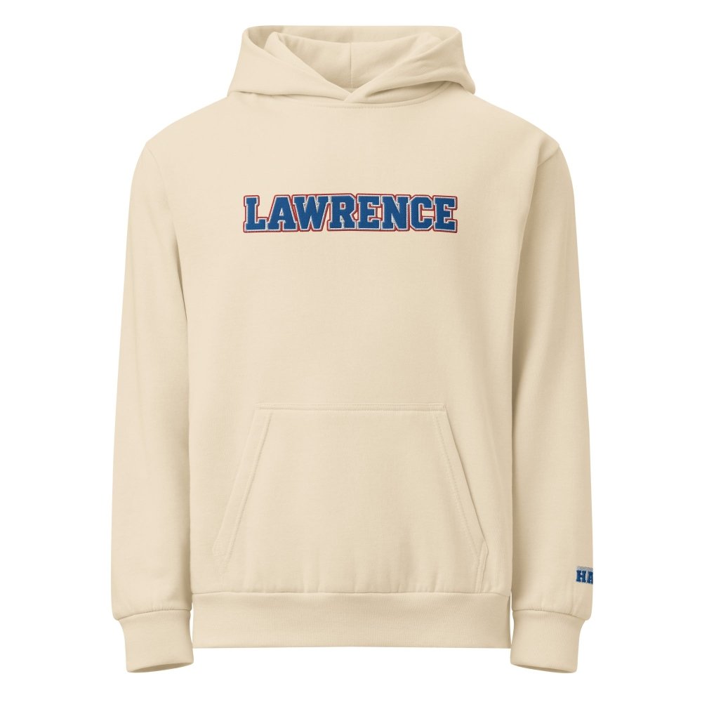Front view of ivory HAGS Lawrence Kansas embroidered hoodie, showing blue LAWRENCE chest lettering.