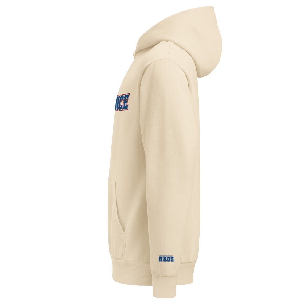 Left-side view of ivory HAGS Lawrence Kansas embroidered hoodie.