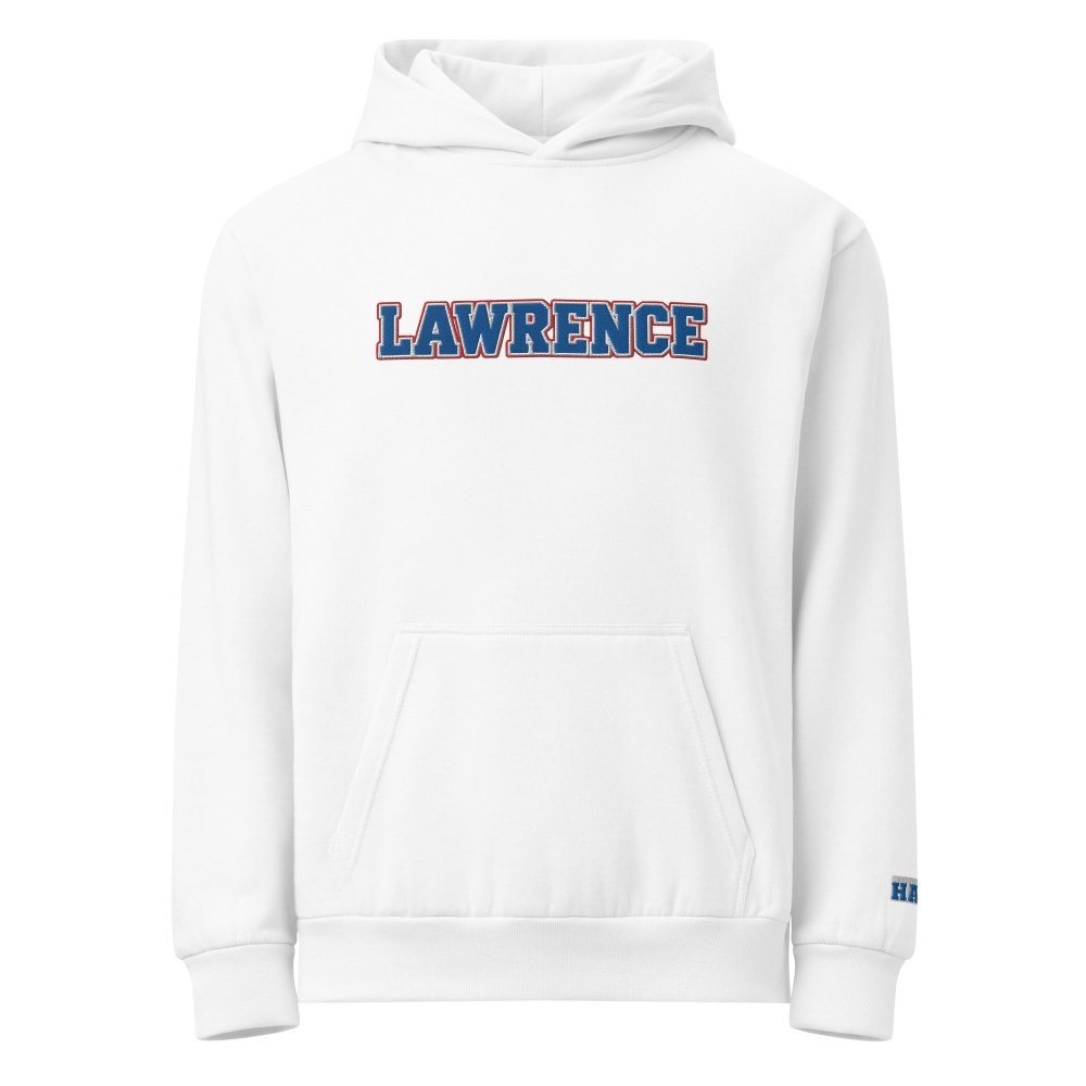 Front view of white HAGS Lawrence Kansas embroidered hoodie, showing blue LAWRENCE chest lettering.