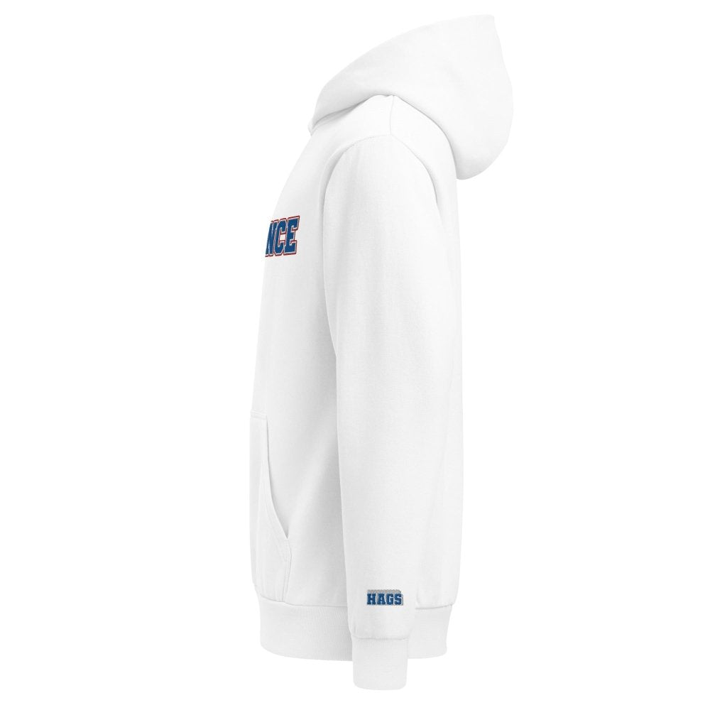 Left-side view of white HAGS Lawrence Kansas embroidered hoodie.