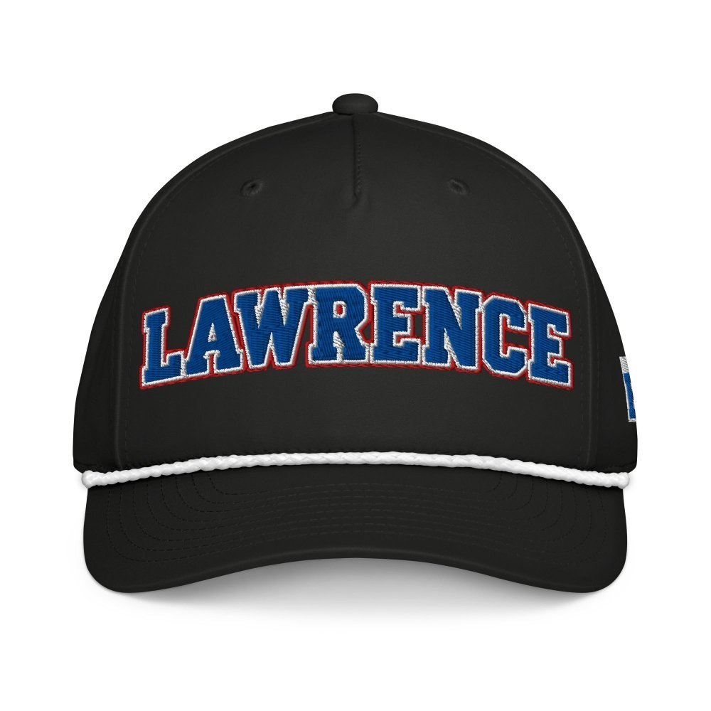 Front view of black HAGS Lawrence Kansas rope hat, showing blue and red LAWRENCE lettering and contrasting rope.