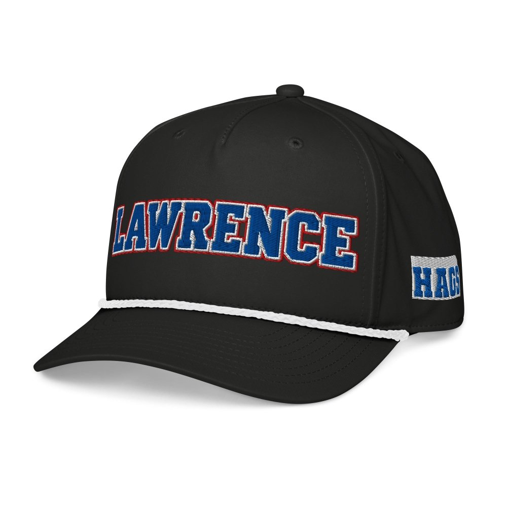 Angled front view of black HAGS Lawrence Kansas rope hat, showing blue and red LAWRENCE lettering and contrasting rope.