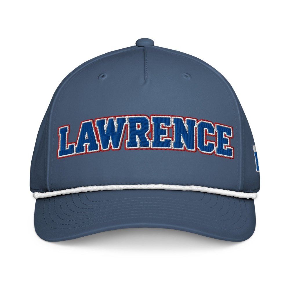 Front view of navy HAGS Lawrence Kansas rope hat, showing blue and red LAWRENCE lettering and contrasting rope.