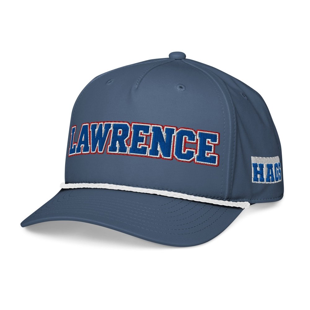 Angled front view of navy HAGS Lawrence Kansas rope hat, showing blue and red LAWRENCE lettering and contrasting rope.