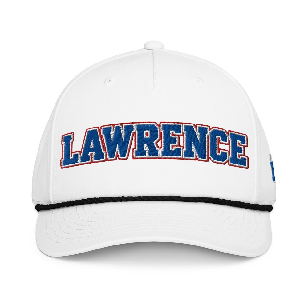 Front view of white HAGS Lawrence Kansas rope hat, showing blue and red LAWRENCE lettering and contrasting rope.