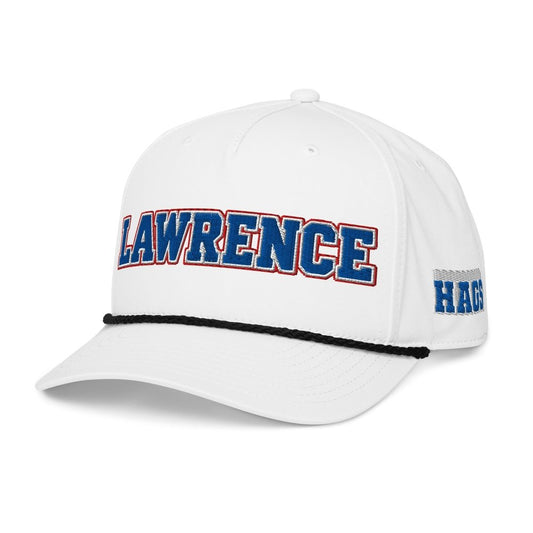 Angled front view of white HAGS Lawrence Kansas rope hat, showing blue and red LAWRENCE lettering and contrasting rope.
