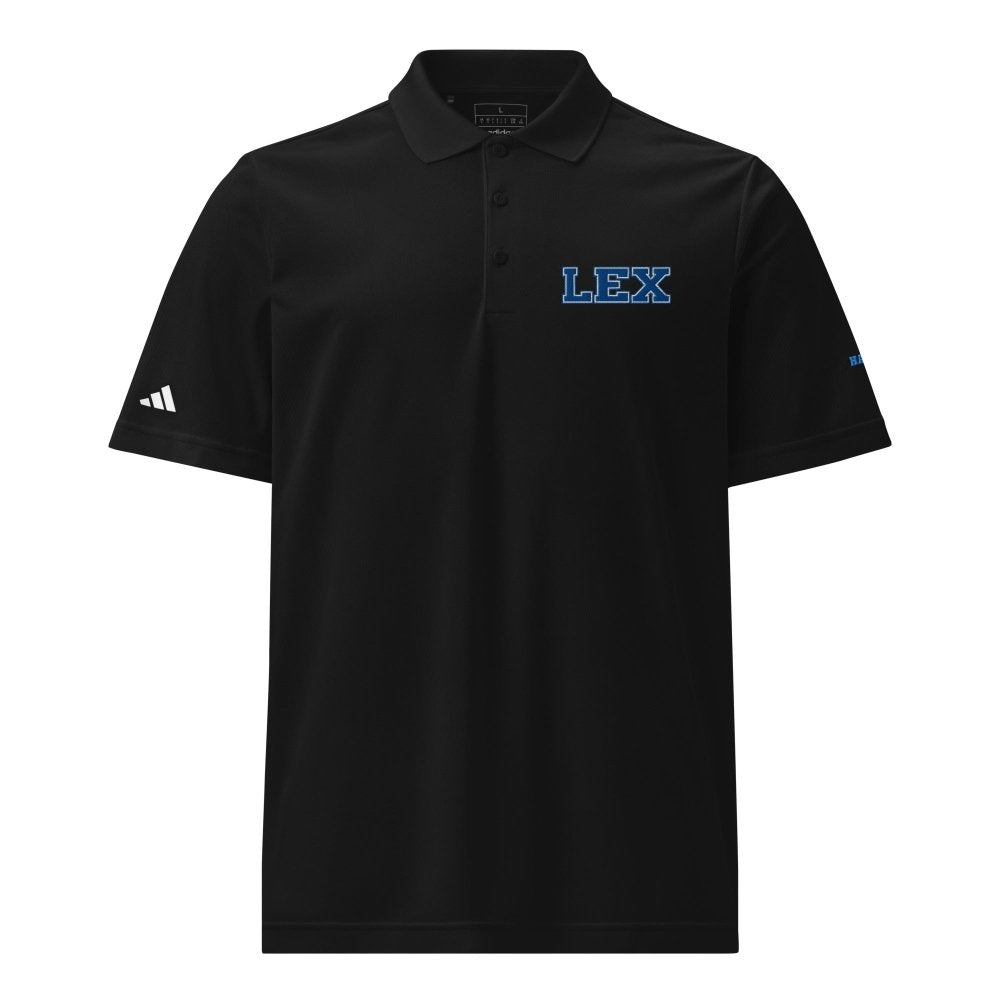 Front view of black HAGS Lexington Kentucky LEX Adidas polo, showing blue LEX chest embroidery and Adidas sleeve logo.