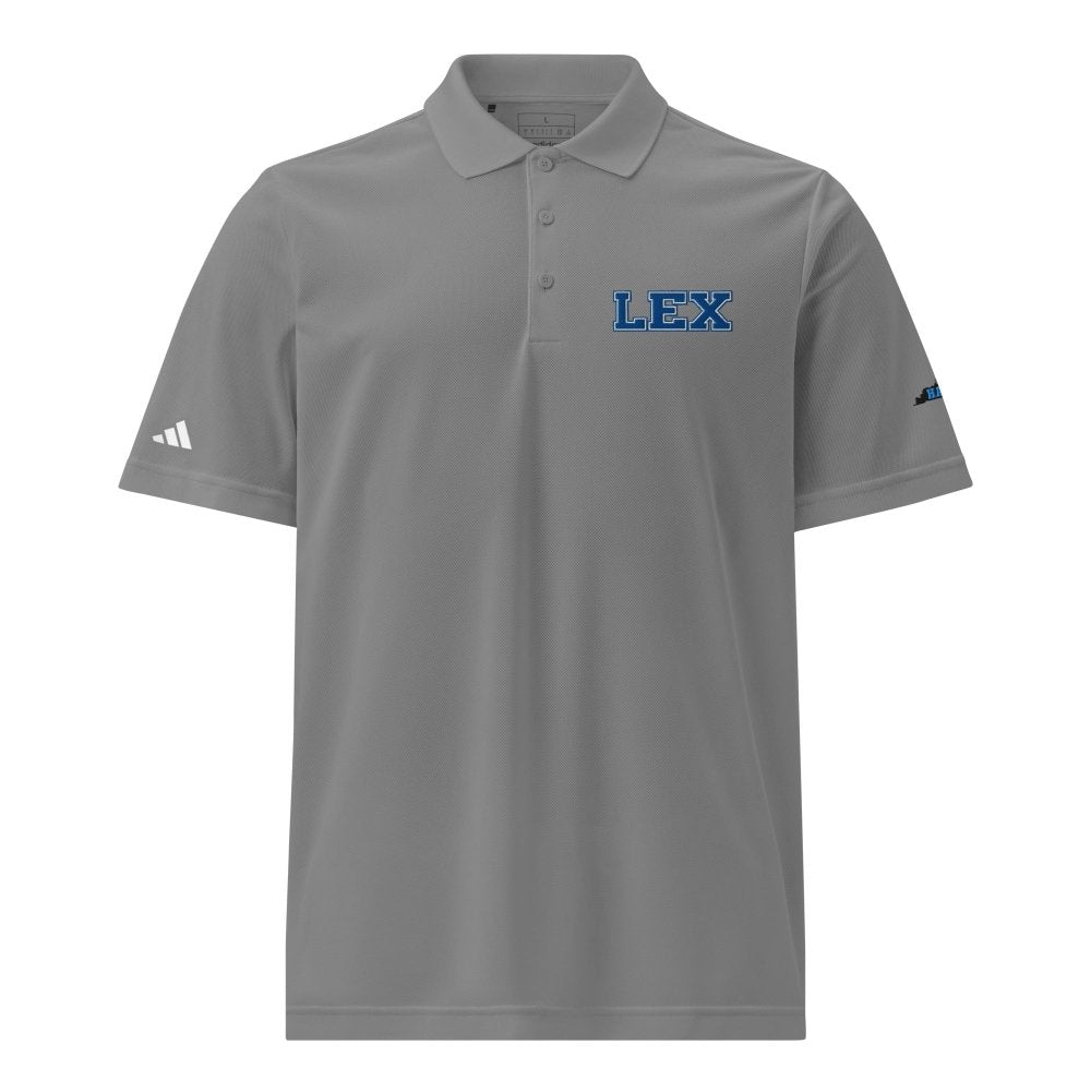 Front view of gray HAGS Lexington Kentucky LEX Adidas polo, showing blue LEX chest embroidery and Adidas sleeve logo.