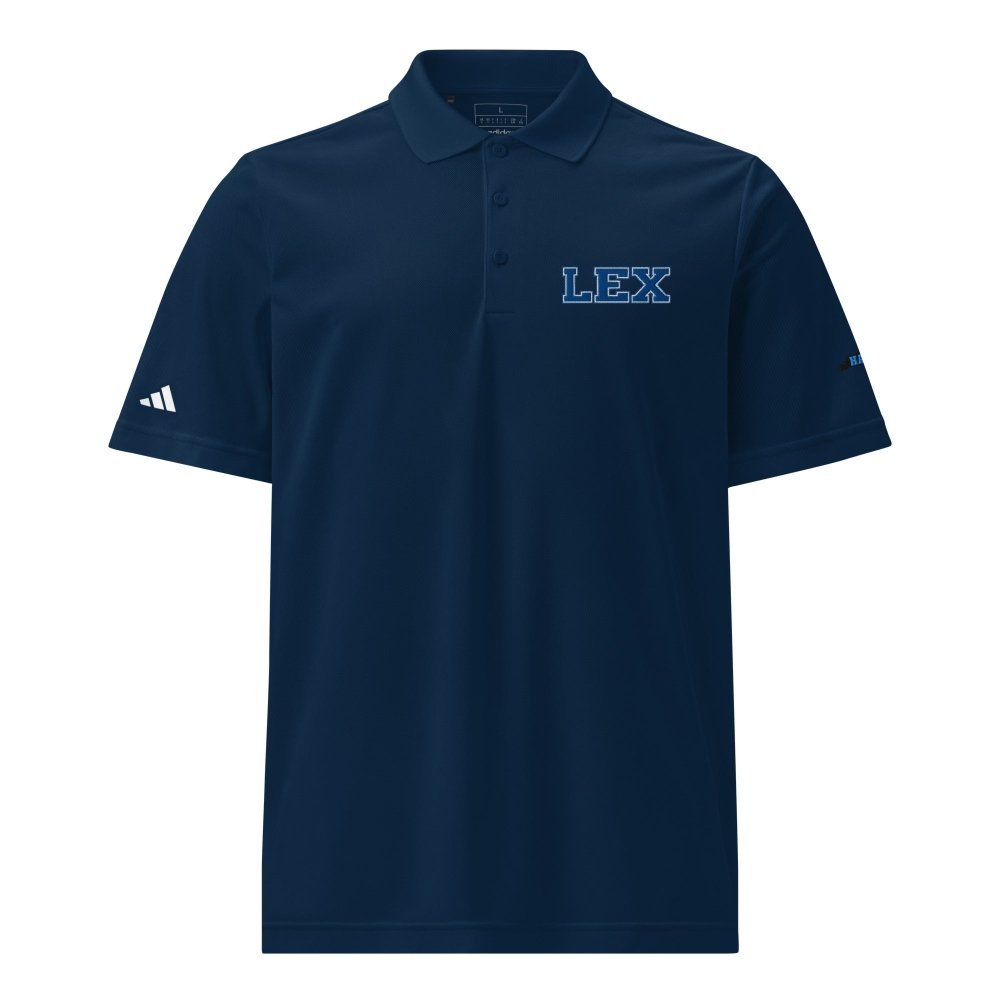 Front view of navy HAGS Lexington Kentucky LEX Adidas polo, showing blue LEX chest embroidery and Adidas sleeve logo.