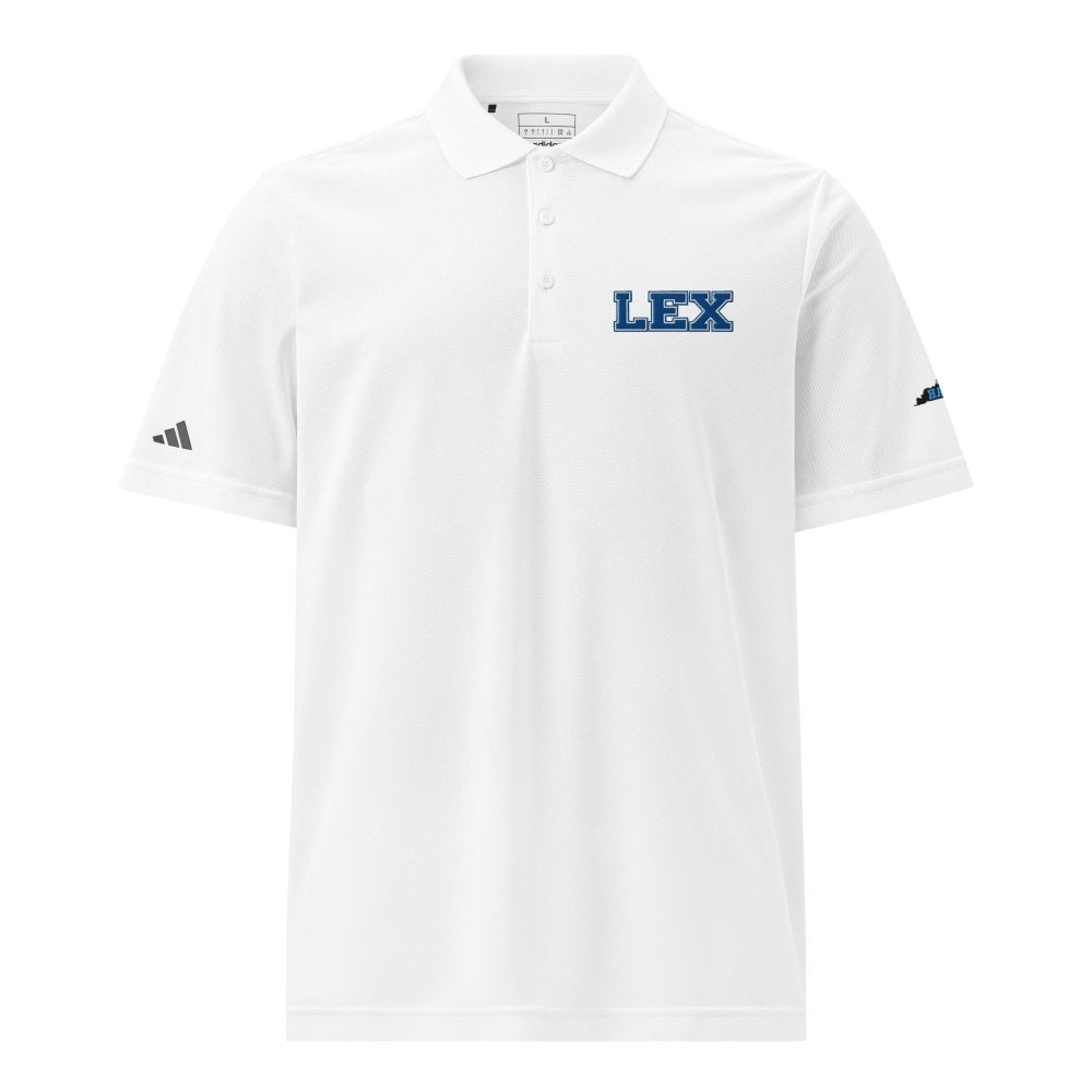 Front view of white HAGS Lexington Kentucky LEX Adidas polo, showing blue LEX chest embroidery and Adidas sleeve logo.
