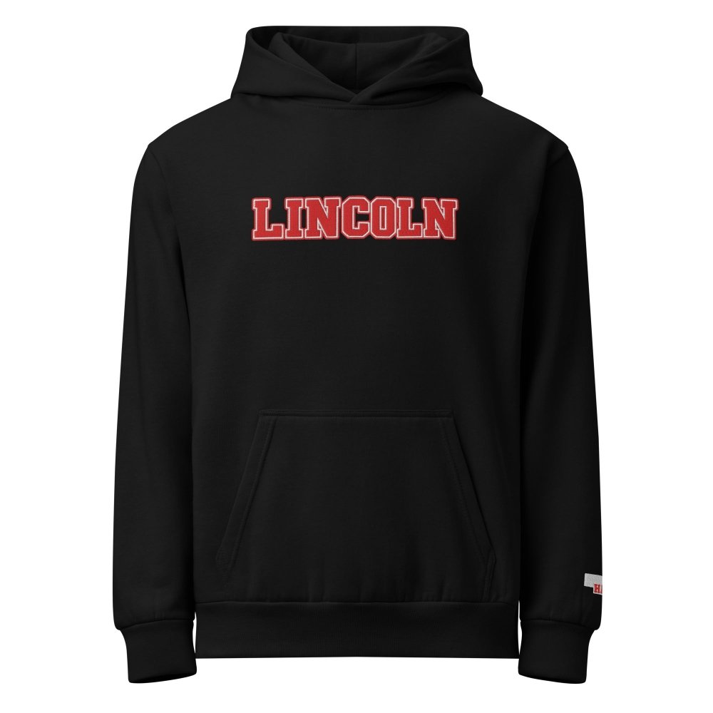 Front view of black HAGS Lincoln Nebraska hoodie, showing red LINCOLN lettering.
