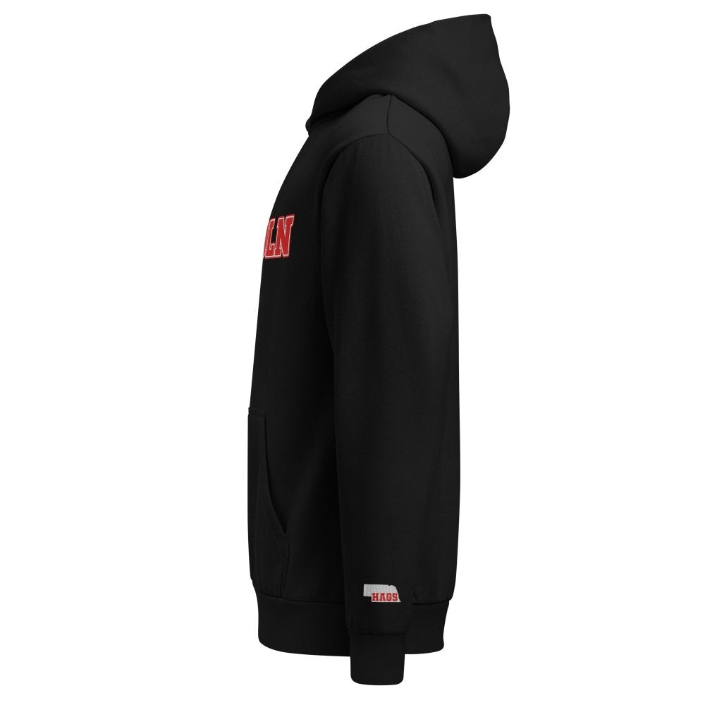 Left-side view of black HAGS Lincoln Nebraska hoodie.