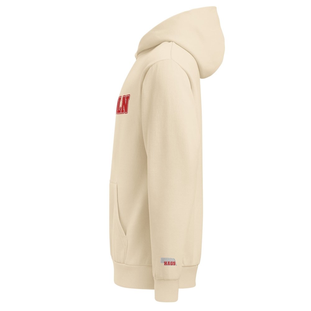 Left-side view of ivory HAGS Lincoln Nebraska hoodie.