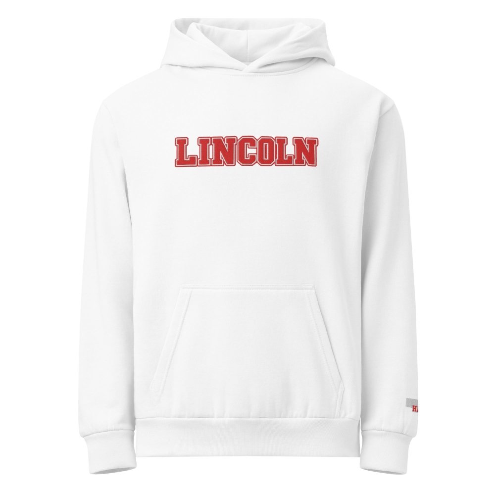 Front view of white HAGS Lincoln Nebraska hoodie, showing red LINCOLN lettering.