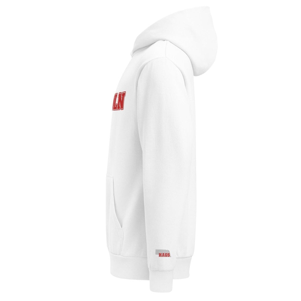 Left-side view of white HAGS Lincoln Nebraska hoodie.