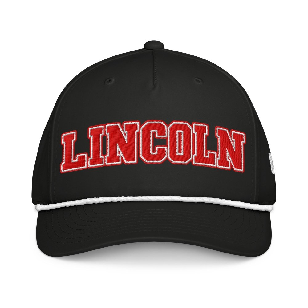 Front view of black HAGS Lincoln Nebraska rope hat, showing red LINCOLN lettering.