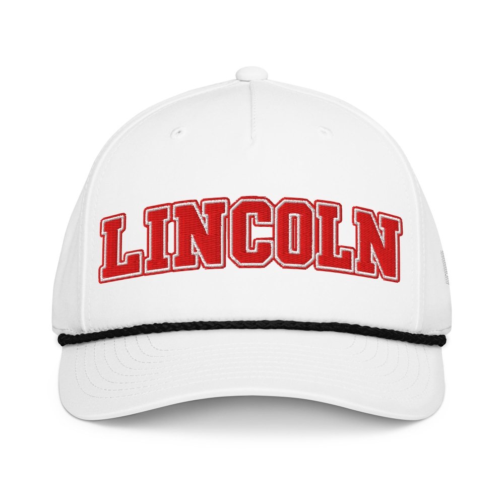 Front view of white HAGS Lincoln Nebraska rope hat, showing red LINCOLN lettering.