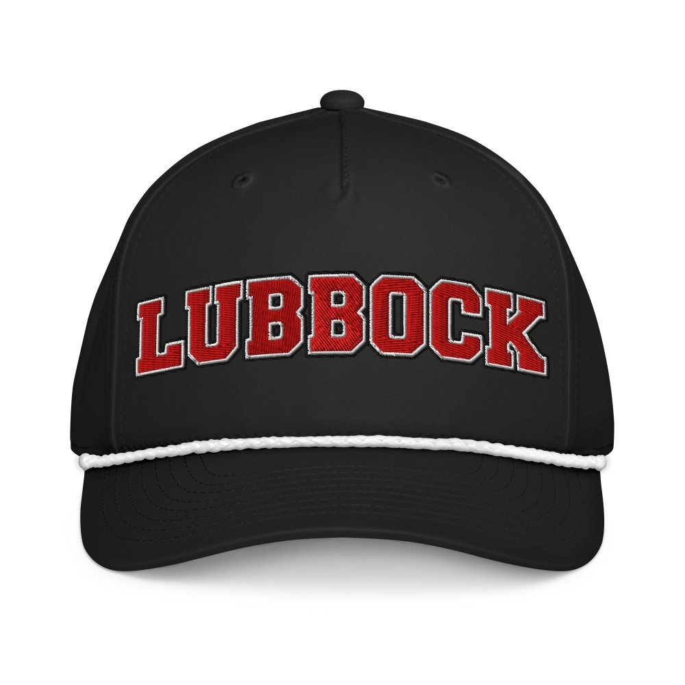Front view of black HAGS Lubbock Texas rope hat, showing red LUBBOCK lettering and contrasting rope.