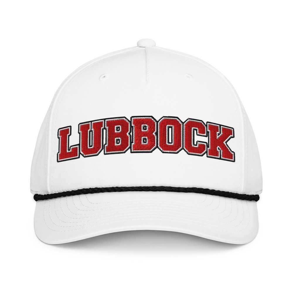 Front view of white HAGS Lubbock Texas rope hat, showing red LUBBOCK lettering and contrasting rope.