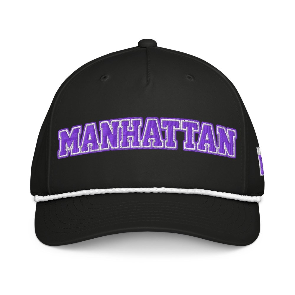 Front view of black HAGS Manhattan Kansas rope hat, showing purple MANHATTAN lettering and contrasting rope.