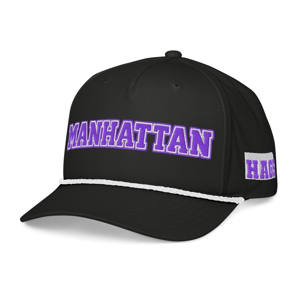 Angled front view of black HAGS Manhattan Kansas rope hat, showing purple MANHATTAN lettering and contrasting rope.