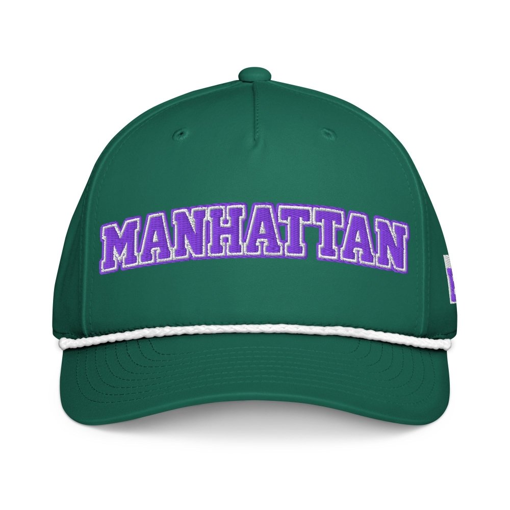 Front view of green HAGS Manhattan Kansas rope hat, showing purple MANHATTAN lettering and contrasting rope.