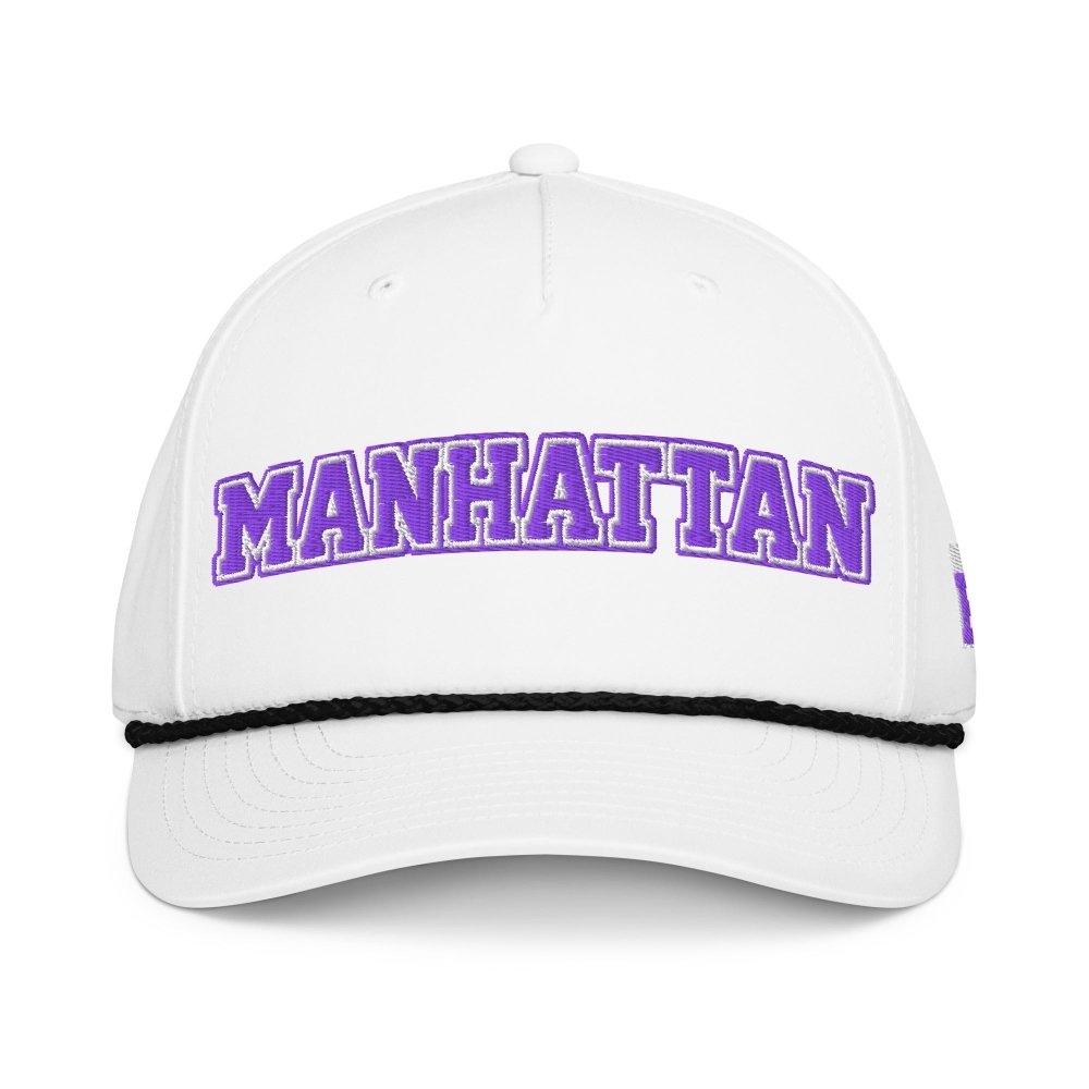 Front view of white HAGS Manhattan Kansas rope hat, showing purple MANHATTAN lettering and contrasting rope.