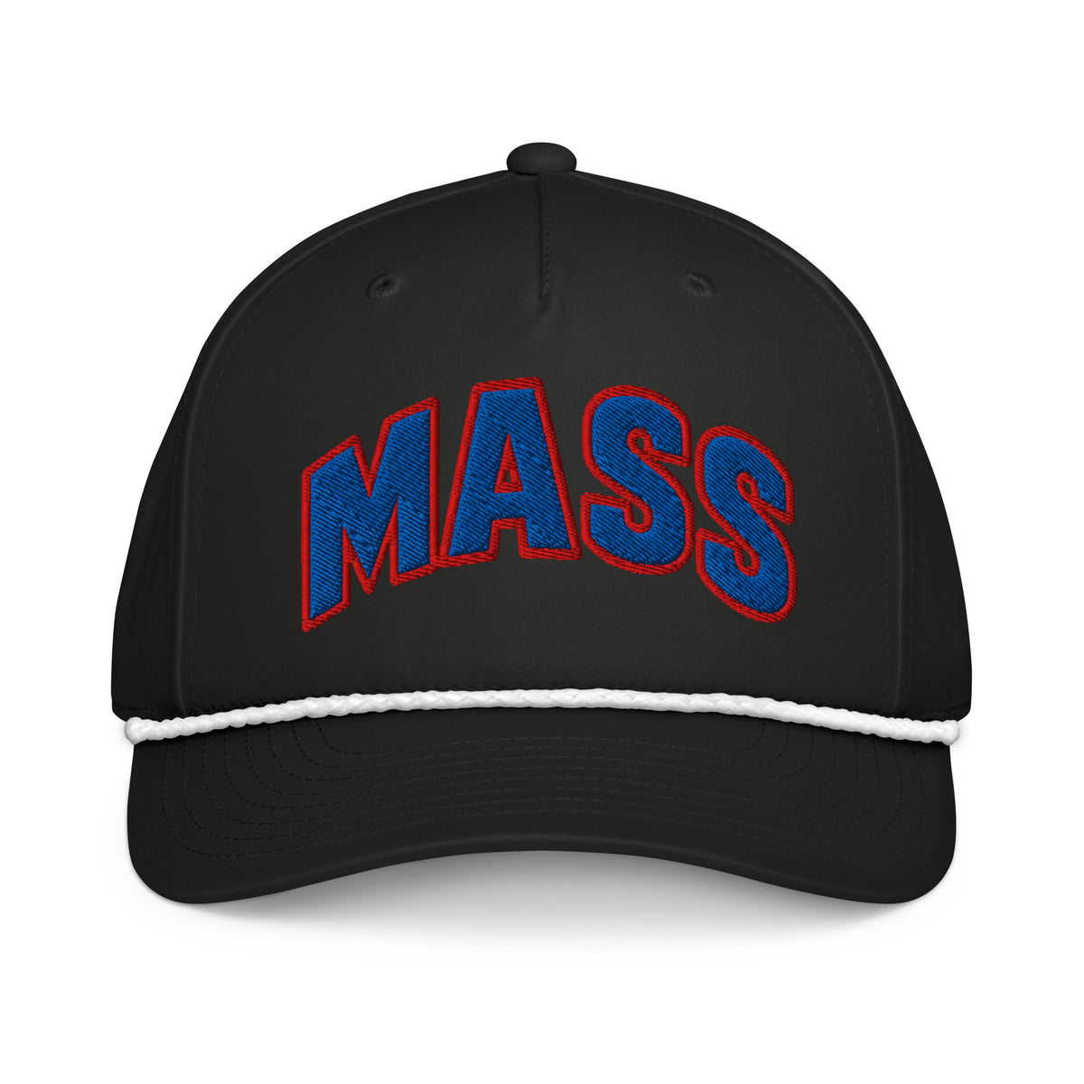 Front view of black white HAGS Mass Street Lawrence Kansas rope hat, showing blue and red MASS lettering and contrasting rope.