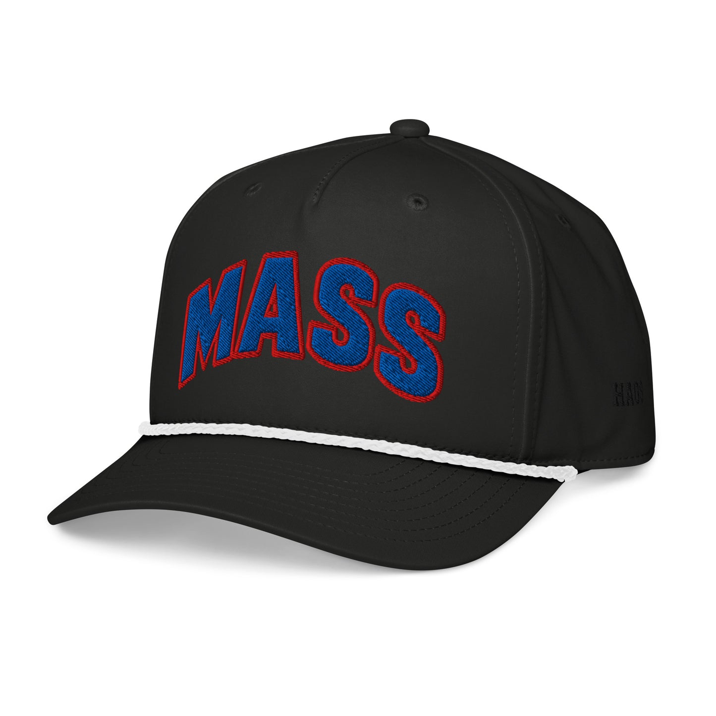 Angled front view of black white HAGS Mass Street Lawrence Kansas rope hat, showing blue and red MASS lettering and contrasting rope.