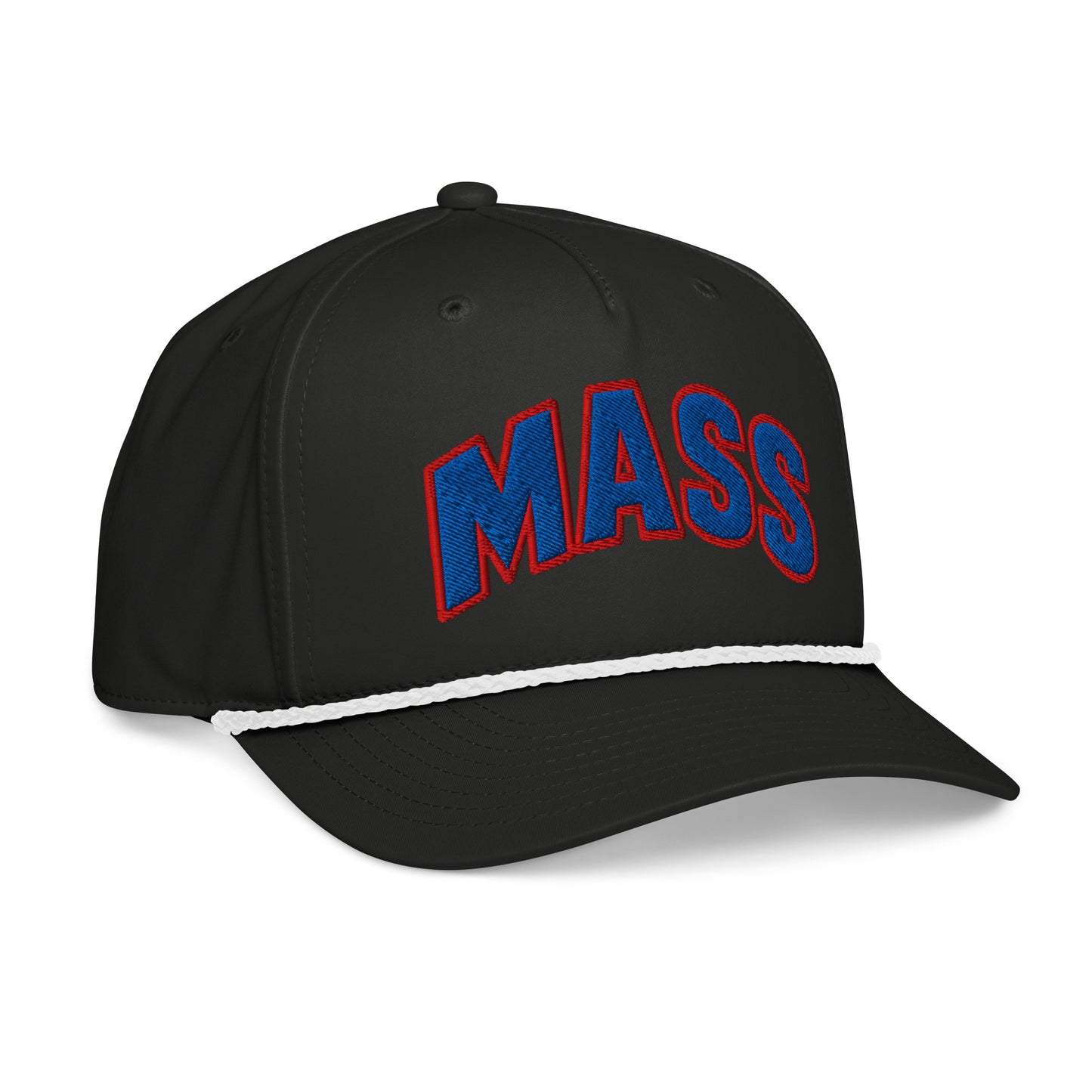 Opposite angled front view of black white HAGS Mass Street Lawrence Kansas rope hat, showing blue and red MASS lettering and contrasting rope.