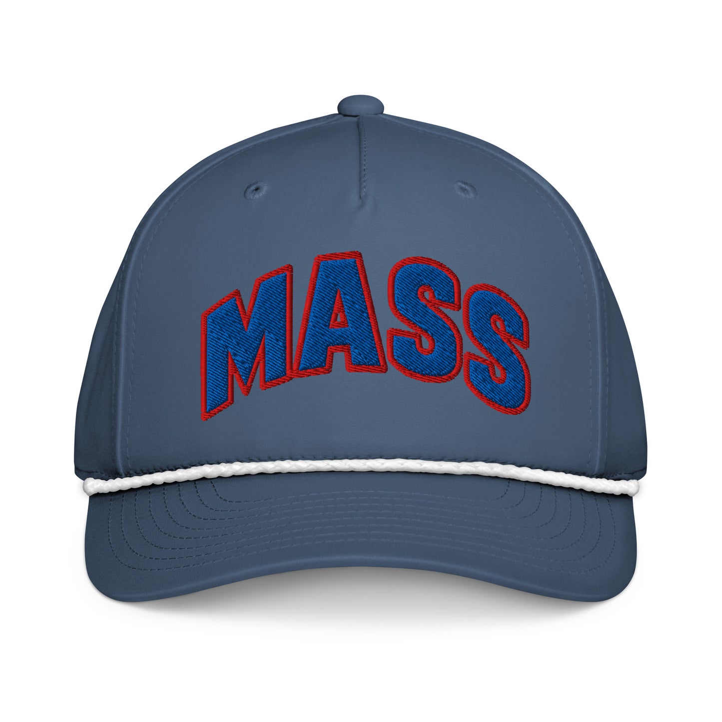 Front view of light blue white HAGS Mass Street Lawrence Kansas rope hat, showing blue and red MASS lettering and contrasting rope.