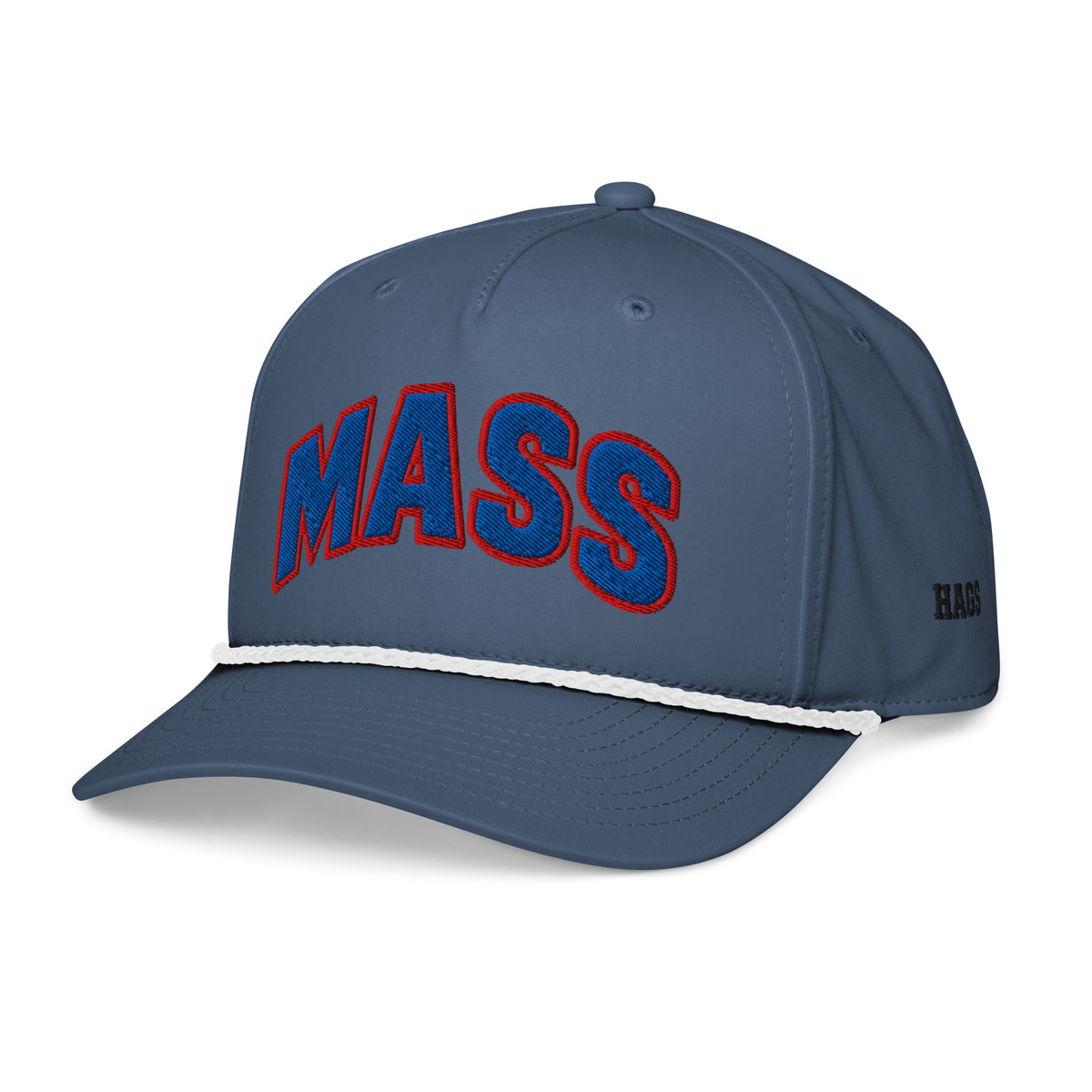 Angled front view of light blue white HAGS Mass Street Lawrence Kansas rope hat, showing blue and red MASS lettering and contrasting rope.