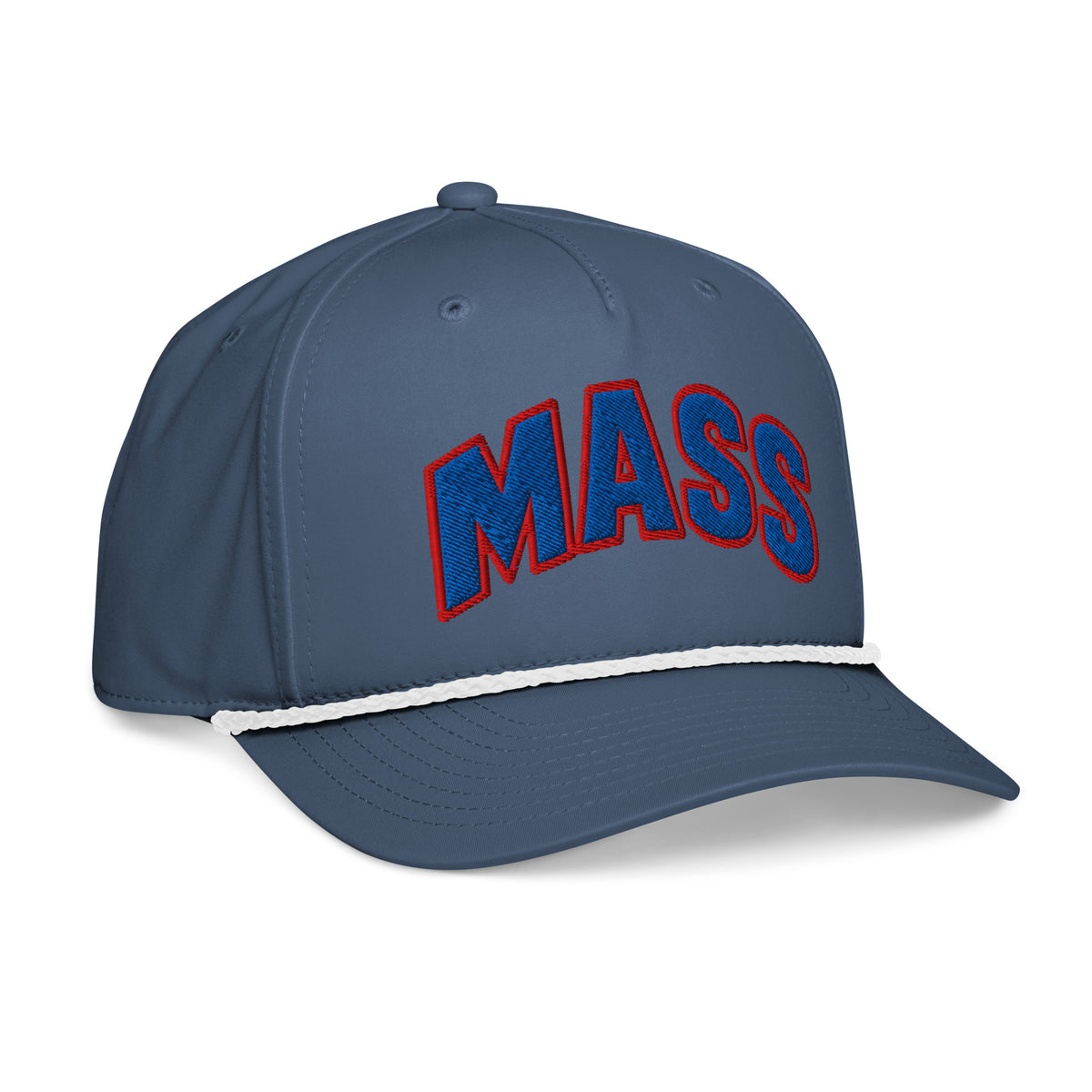 Opposite angled front view of light blue white HAGS Mass Street Lawrence Kansas rope hat, showing blue and red MASS lettering and contrasting rope.