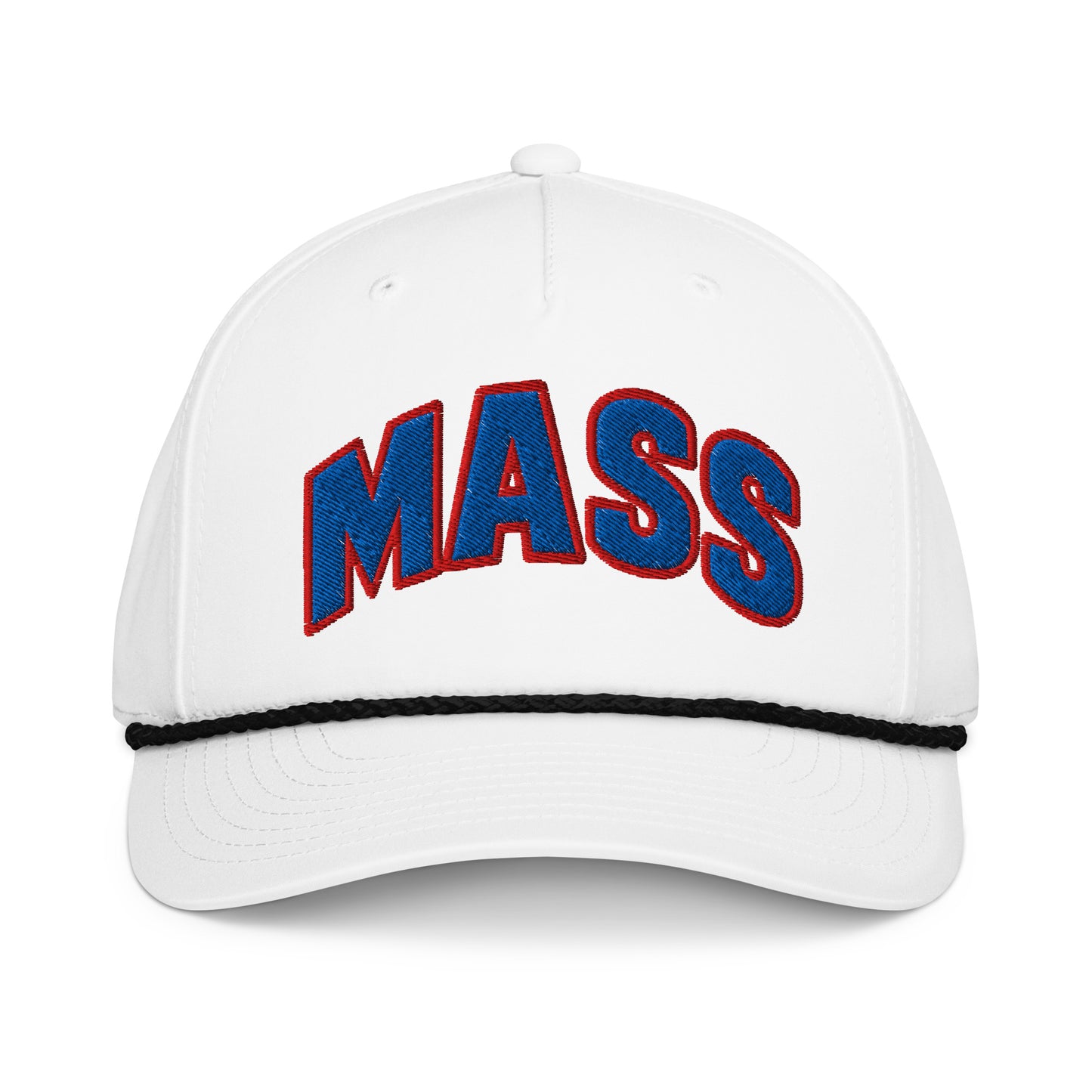 Front view of white black HAGS Mass Street Lawrence Kansas rope hat, showing blue and red MASS lettering and contrasting rope.