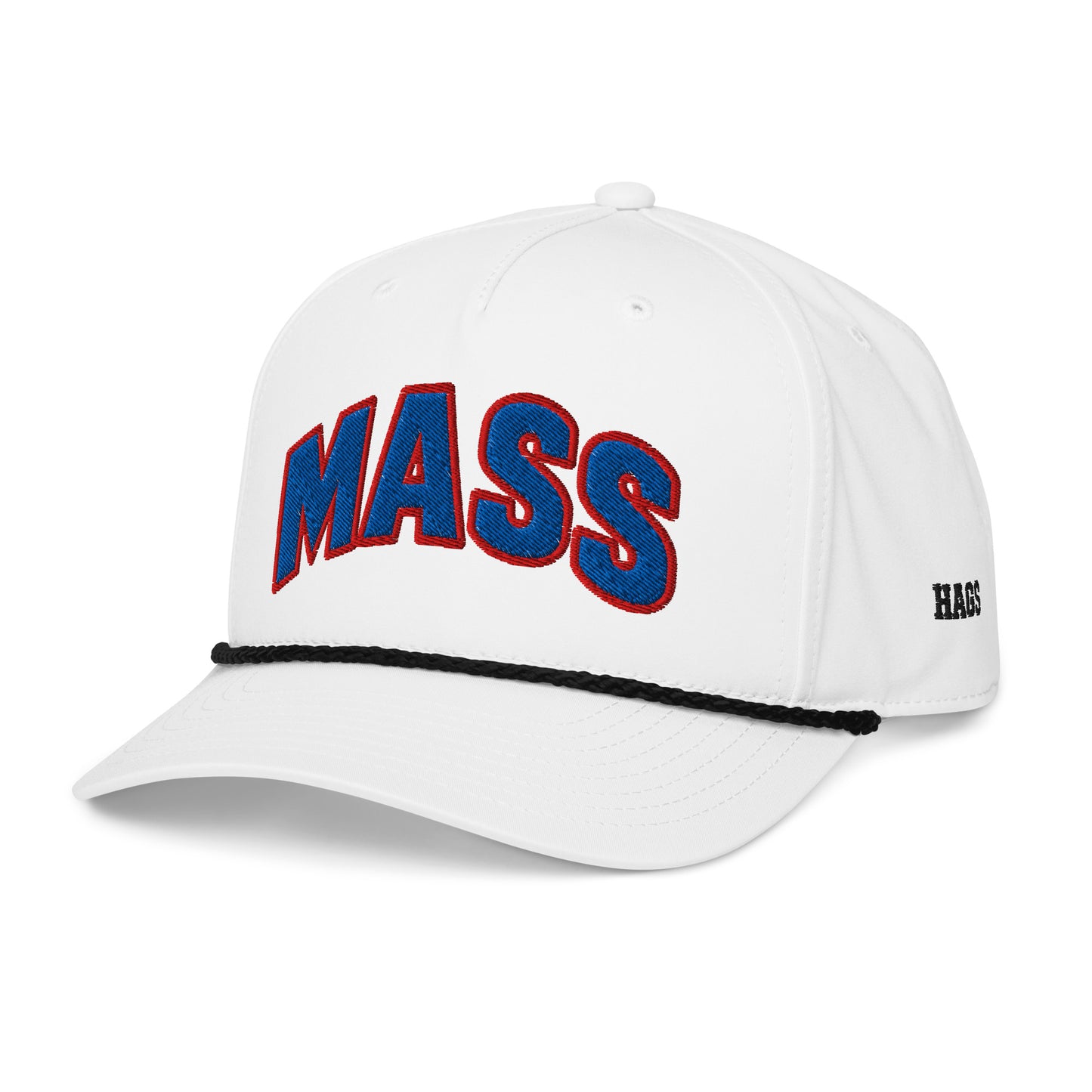 Angled front view of white black HAGS Mass Street Lawrence Kansas rope hat, showing blue and red MASS lettering and contrasting rope.