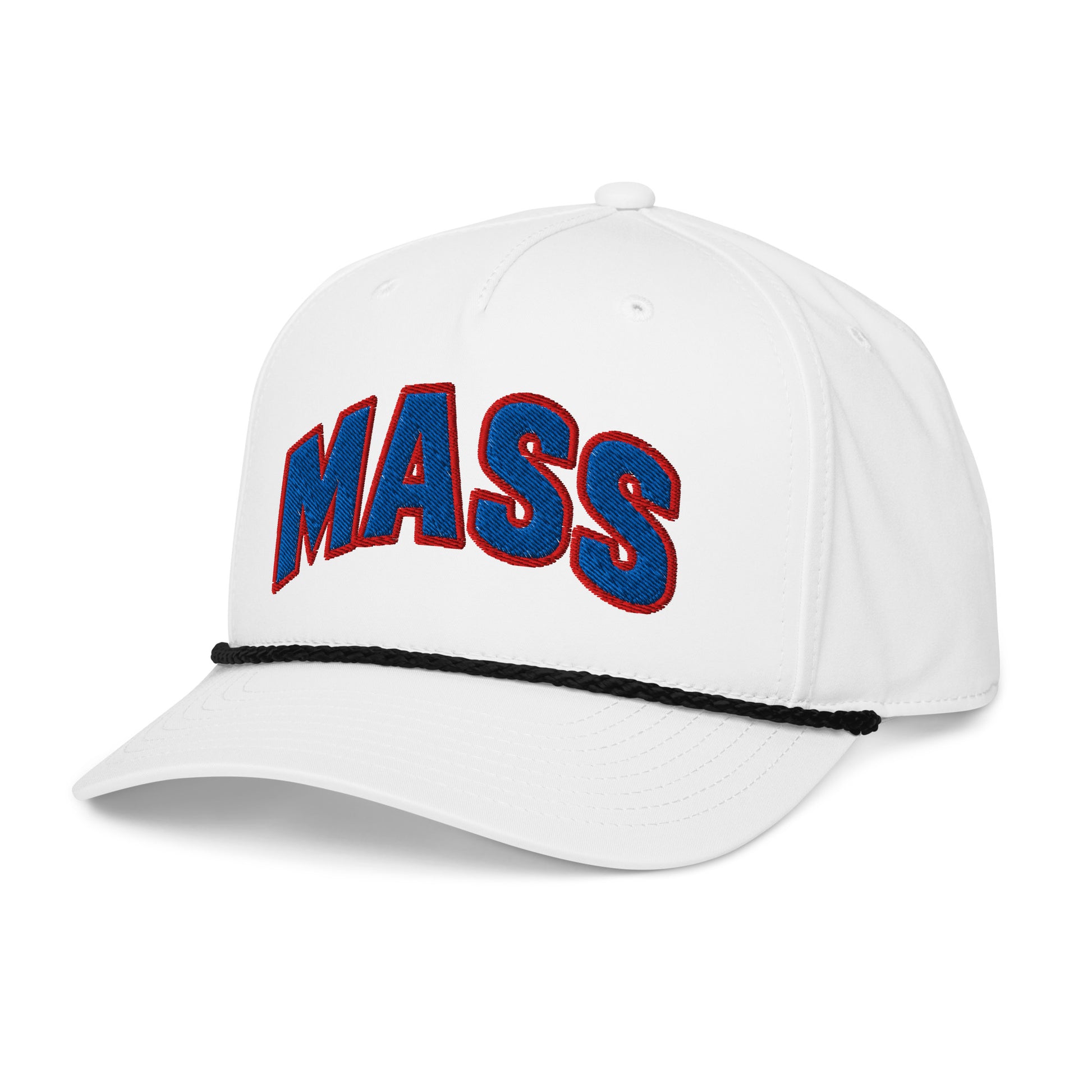 Angled front view of white black HAGS Mass Street Lawrence Kansas rope hat, showing blue and red MASS lettering and contrasting rope.