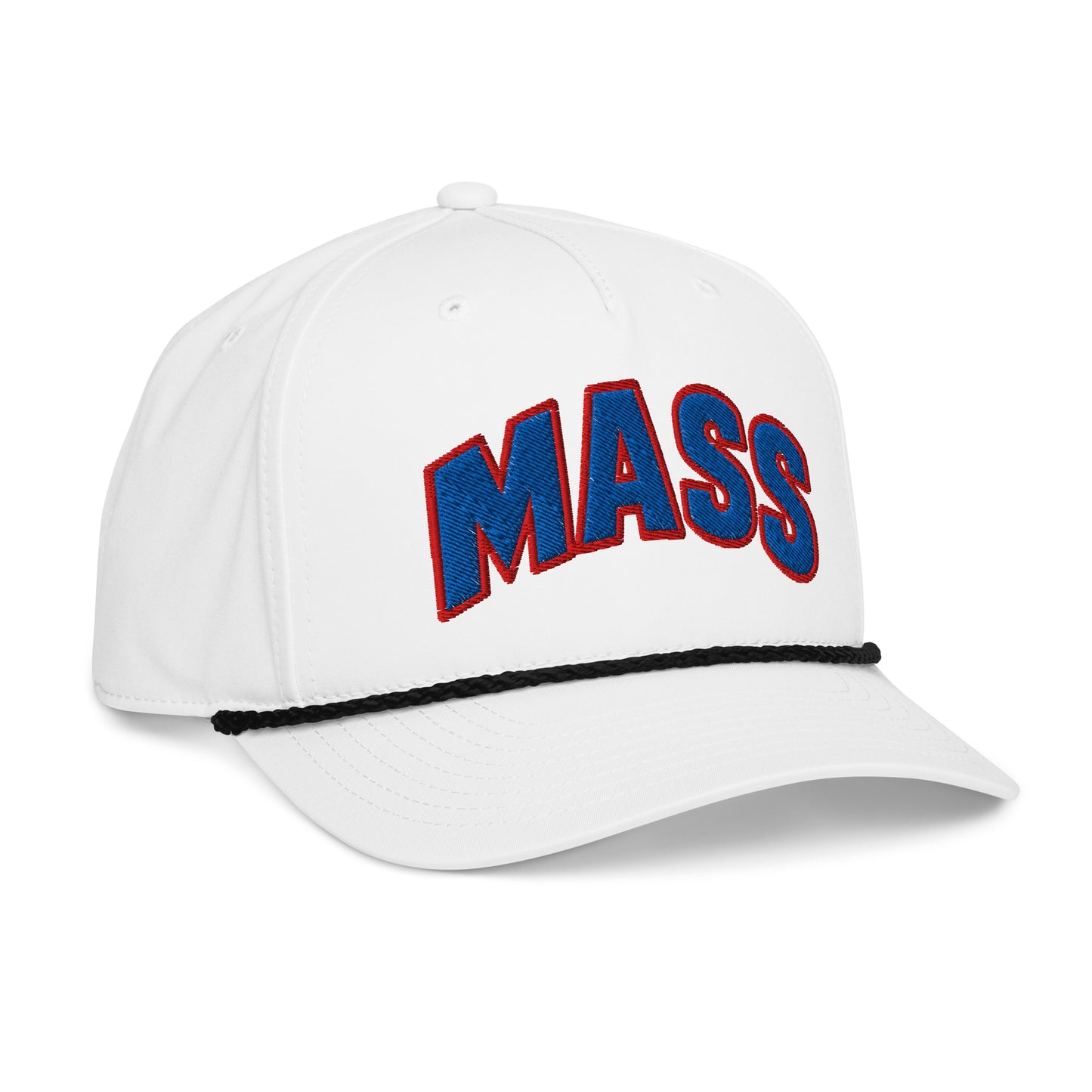 Opposite angled front view of white black HAGS Mass Street Lawrence Kansas rope hat, showing blue and red MASS lettering and contrasting rope.